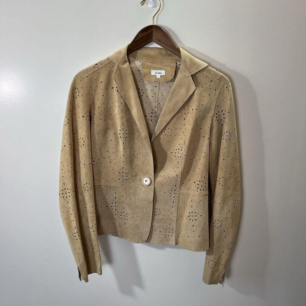 Di Vita Women’s‎ Eyelet Suede Jacket Size S 4 Tan Laser Cut Boho Cottage